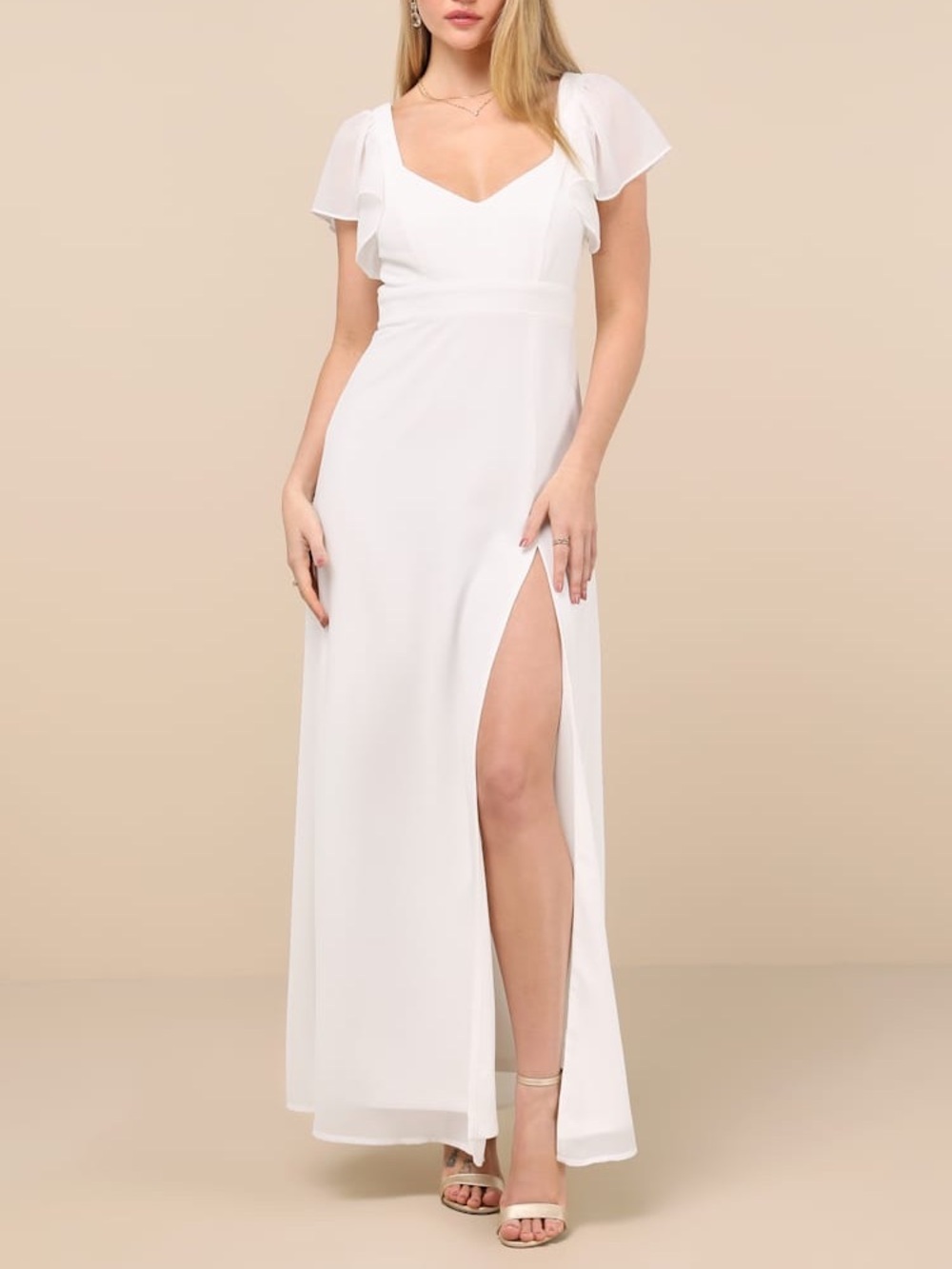 NWT Lulus Simply Delightful White Tie-Back Flutter Sleeve Maxi Dress
